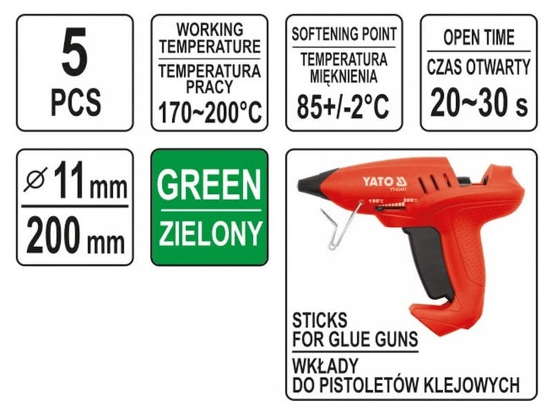 YATO Cartuș de lipici verde 11 x 200 mm (5 bucăți) - 2 | YEO