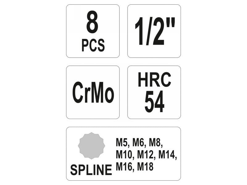 YATO Mașină set de mufe cu bit lung 8 piese Spline 1/2" M5-M18 CrMo - 2 | YEO