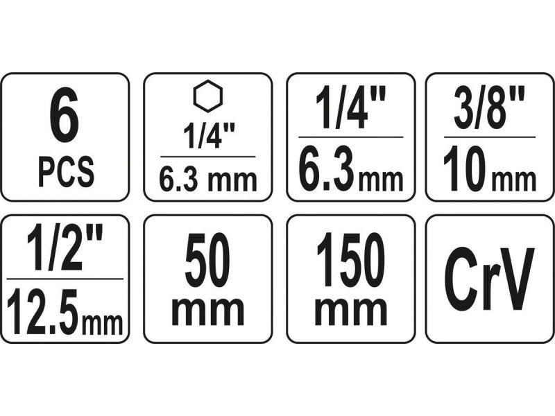 YATO set adaptor pentru mufe 6 piese 1/4" Hex -> 1/4", 3/8", 1/2" pătrat CrV - 3 | YEO