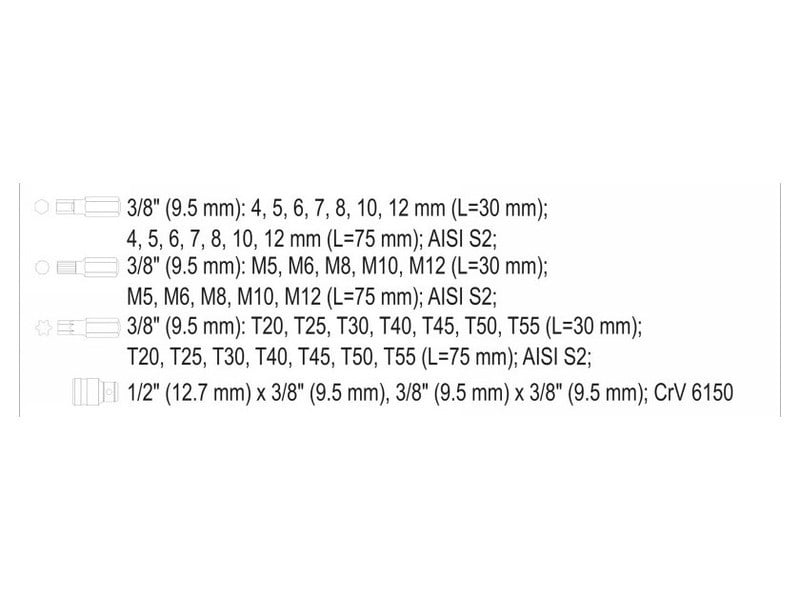 YATO Torx și Allen bit set 40 piese (1/2"-3/8" H4-H12, M5-M12, T20-T55)