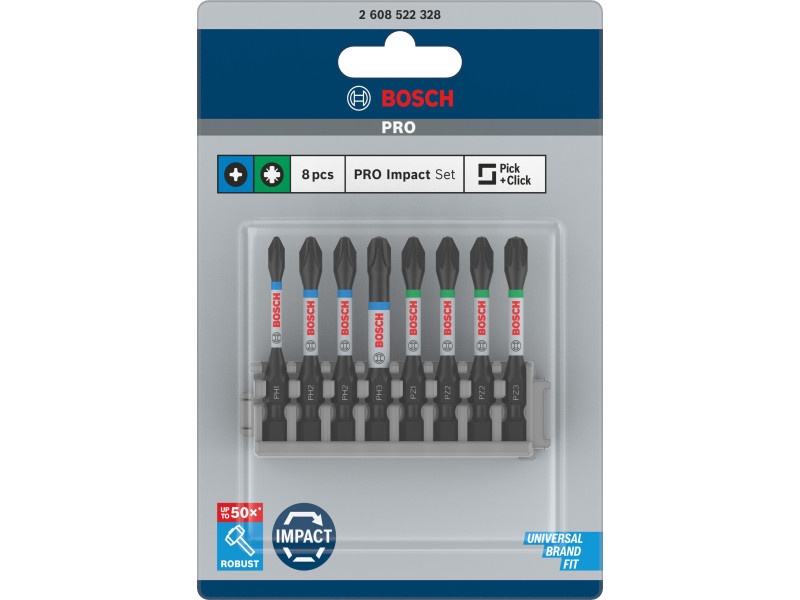 BOSCH PRO set de vârfuri de biți 8 bucăți 55 mm (PH1, PH2 x 2, PH3, PZ1, PZ2 x 2, PZ3) Pick & Click - 1 | YEO