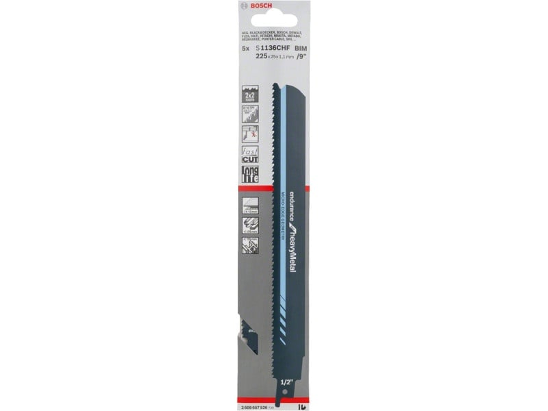 BOSCH Sabie de ferăstrău pentru metal S 1136 CHF 225 mm / 8+10TPI bimetalic. Pentru metale grele (5 bucăți)