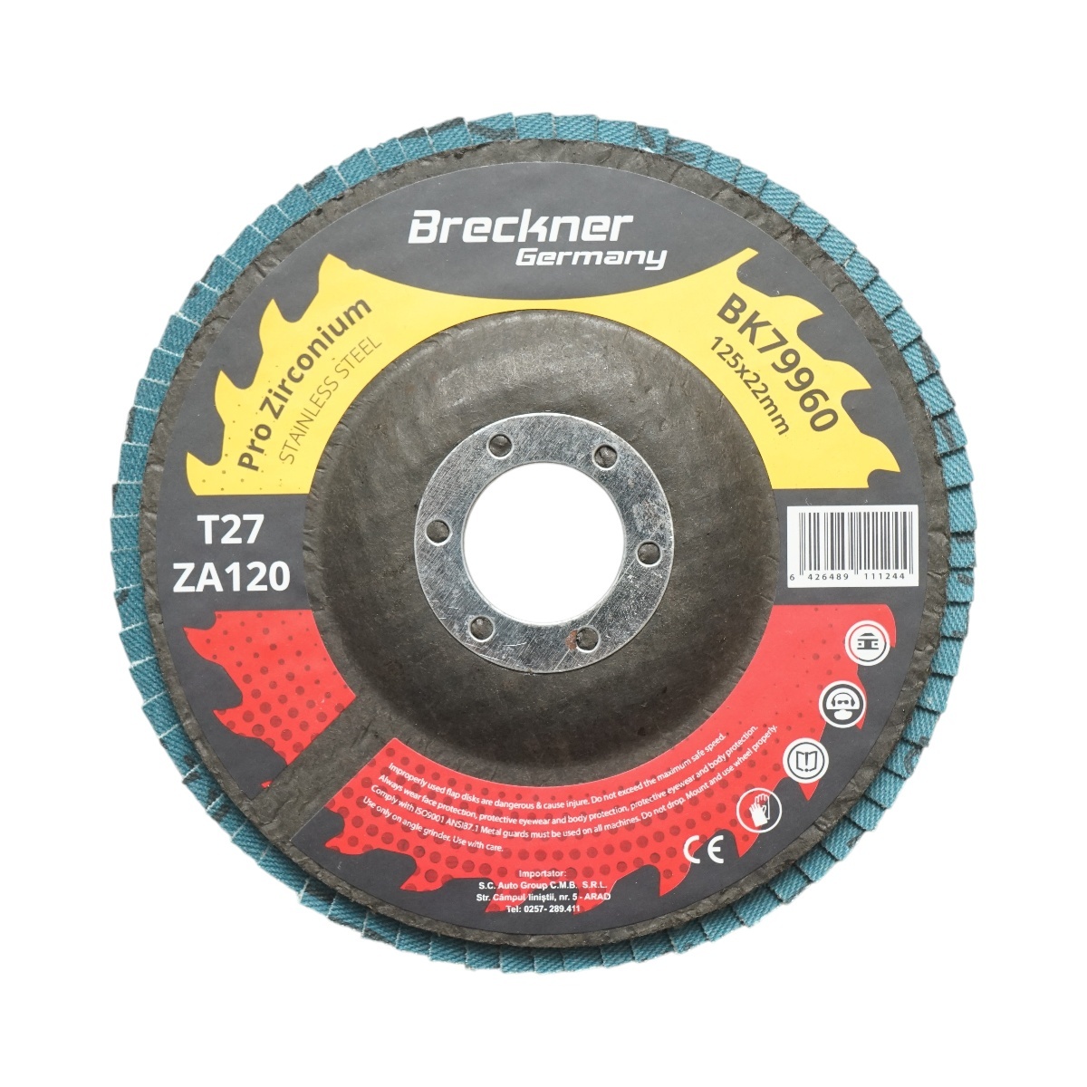 Disc lamelar abraziv cu zirconiu T27 ZA120, 125x22mm pentru slefuire/polizare metal si inox , Cod: BK79960,Breckner Germany