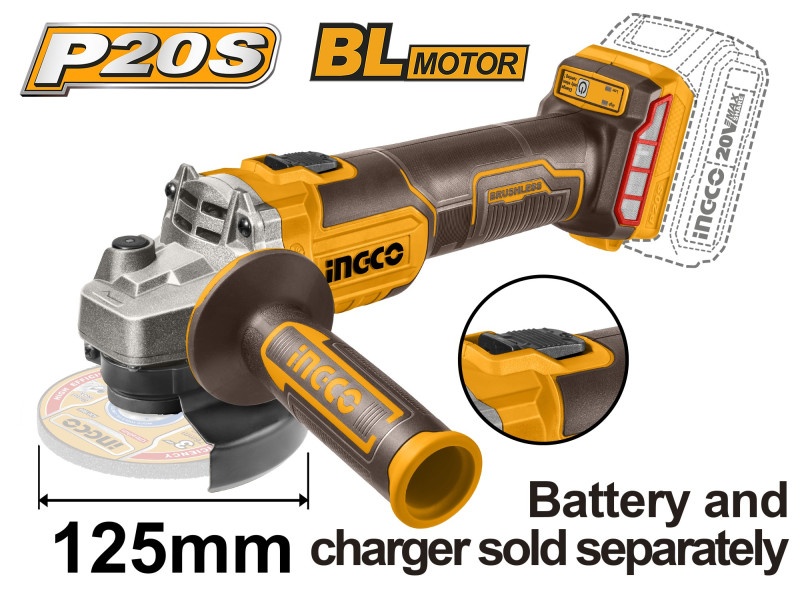 INGCO Polizor unghiular fără fir 125 mm fără perie de carbon 20 V (fără acumulator și încărcător)