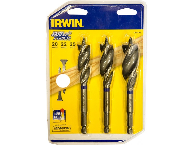 IRWIN Set de burghie pentru lemn 3 bucăți 230 mm bit Blue Groove Power (20-22-25 mm)