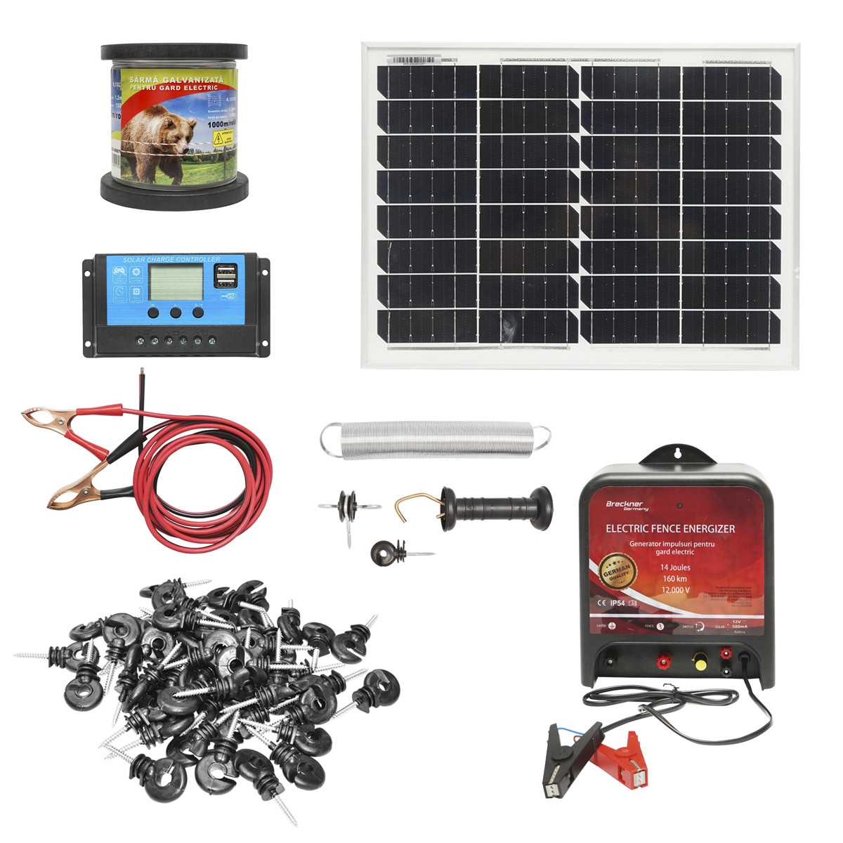 Kit complet gard electric 12V, 14 Joule sarma 1000m cu panou solar 20W si 100 izolatori,Cod: BK87124 , Brand: BRECKNER GERMANY