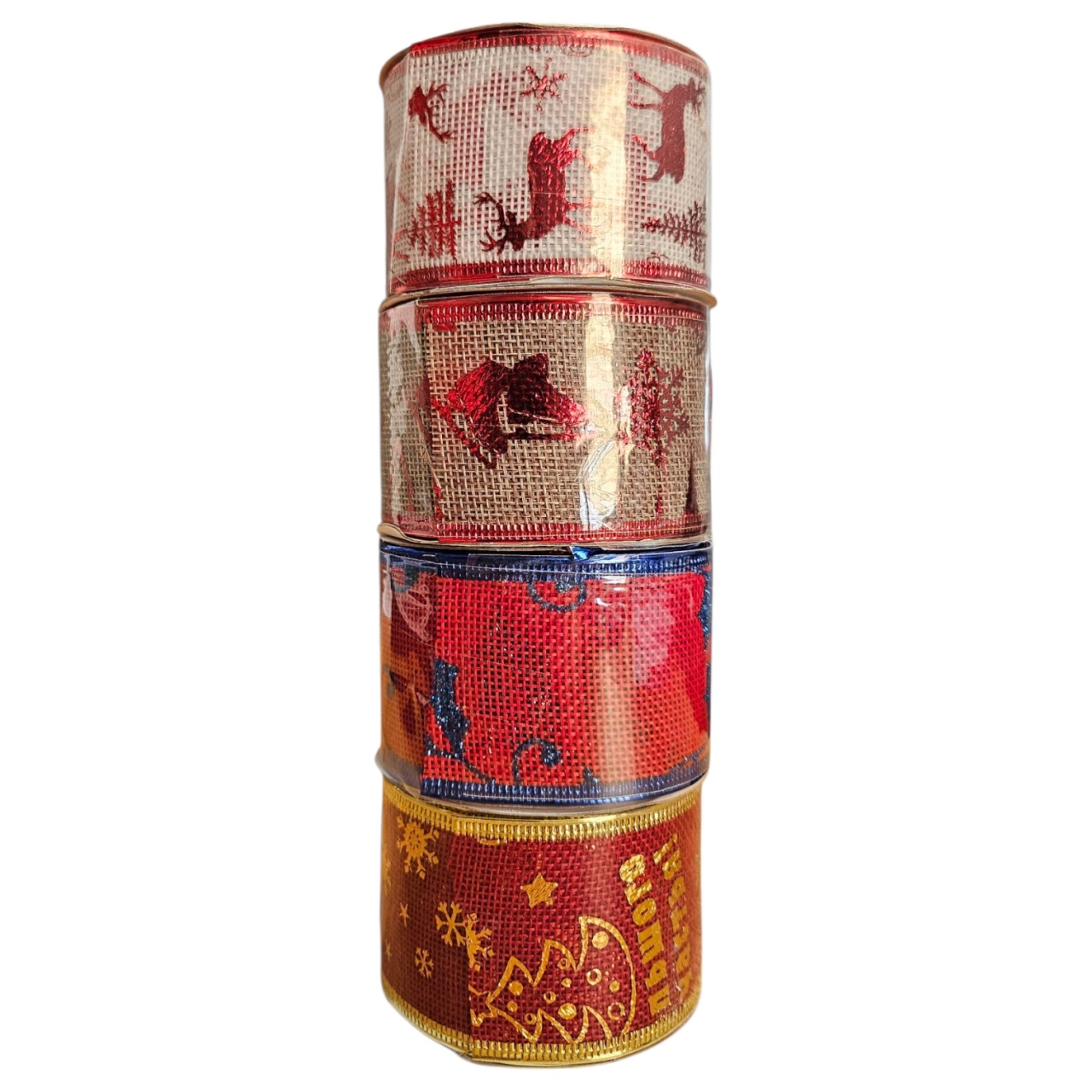 Panglică Crăciun – Roșu cu Auriu, Brăduți & Merry Christmas, 5 cm × 2.80 m