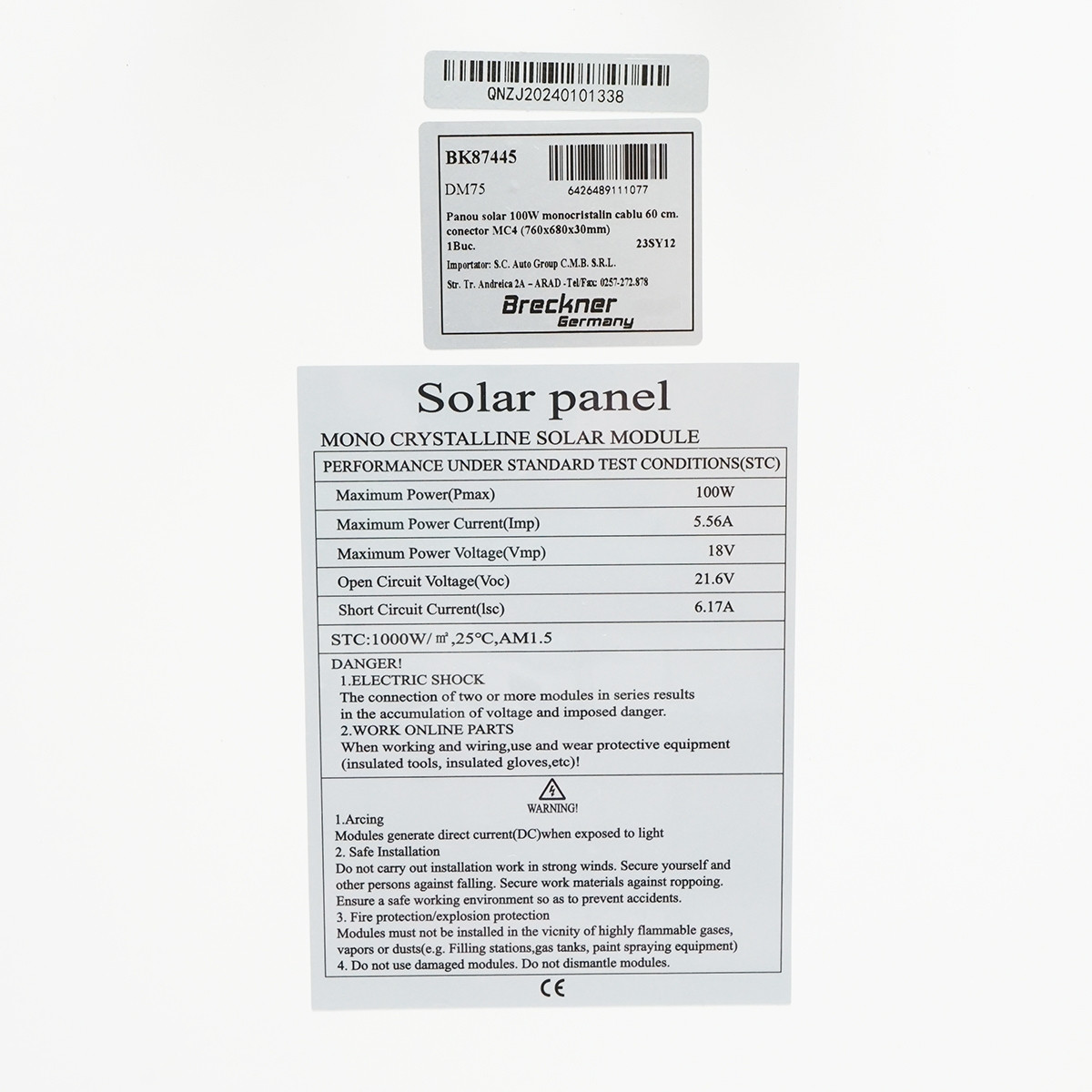 Panou solar 100W fotovoltaic monocristalin 760x680x30mm, Cod: BK87445, Brand: BRECKNER GERMANY