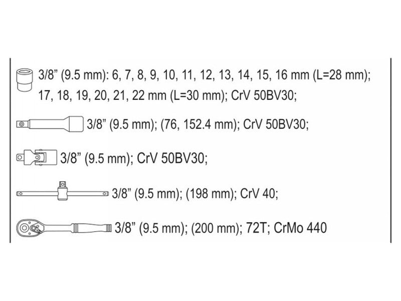 Set de prize YATO 22 piese 3/8" 6-22 mm CrV