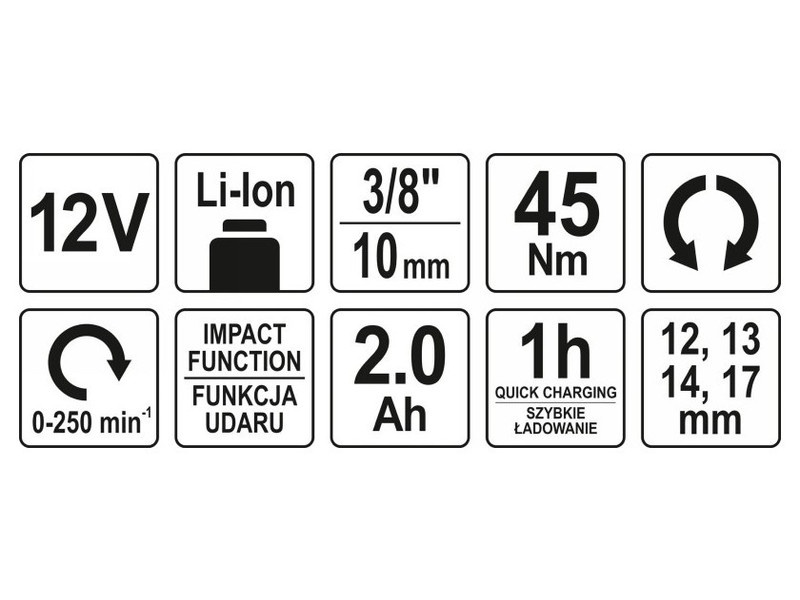 Șurubelniță cu impact pentru colț fără fir YATO 3/8" 45 Nm 12 V Li-Ion (1 x acumulator 2,0 Ah + încărcător)