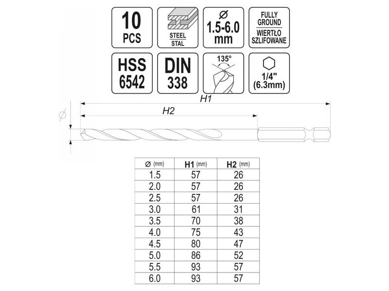 YATO Auger set bit set 10 piese 1,5-6 mm HSS 6542 - 4 | YEO