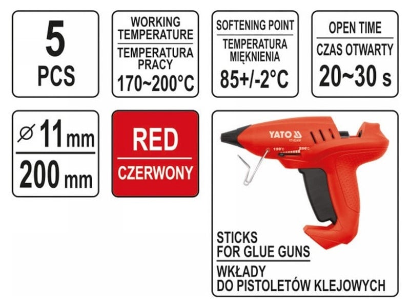 YATO Cartuș de lipici roșu 11 x 200 mm (5 bucăți)