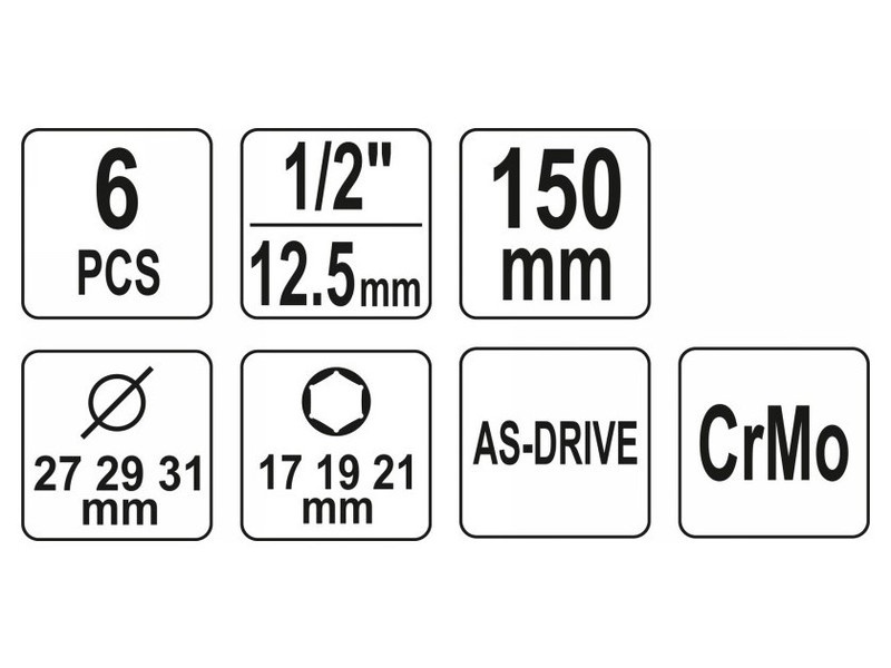 YATO Set 6 piese pentru jante din aluminiu 1/2" 17/19/21 mm CrMo