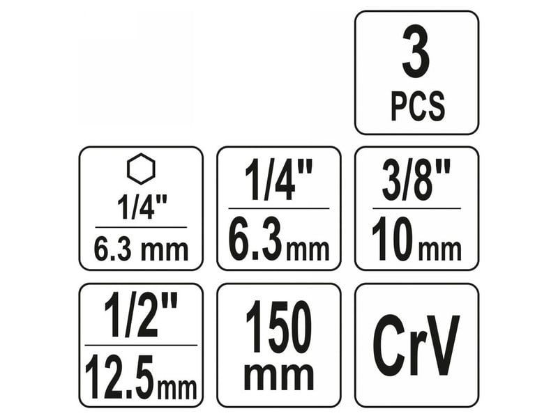 YATO set adaptor pentru mufe 3 piese 1/4" Hex -> 1/4", 3/8", 1/2" pătrat CrV - 3 | YEO