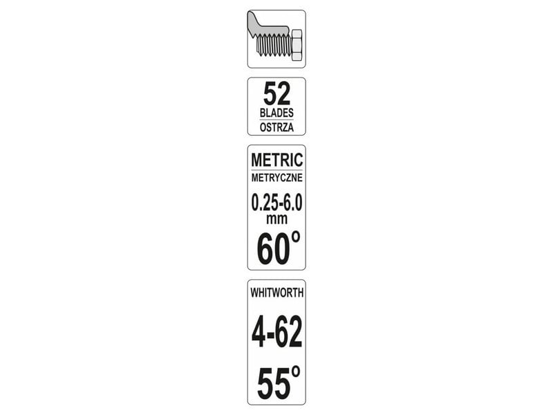 YATO Thread Comb 52 plat metric 0,25-6,0 mm 60° și Whitworth 4-62 mm 55°