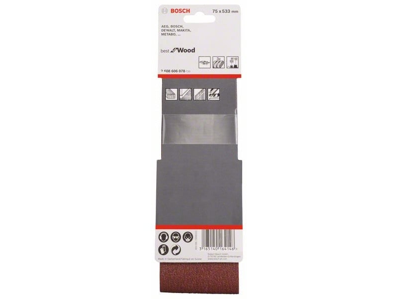 BOSCH Bandă de șlefuit 3 bucăți 75 x 533 mm / P60,P80,P100 (3 bucăți)