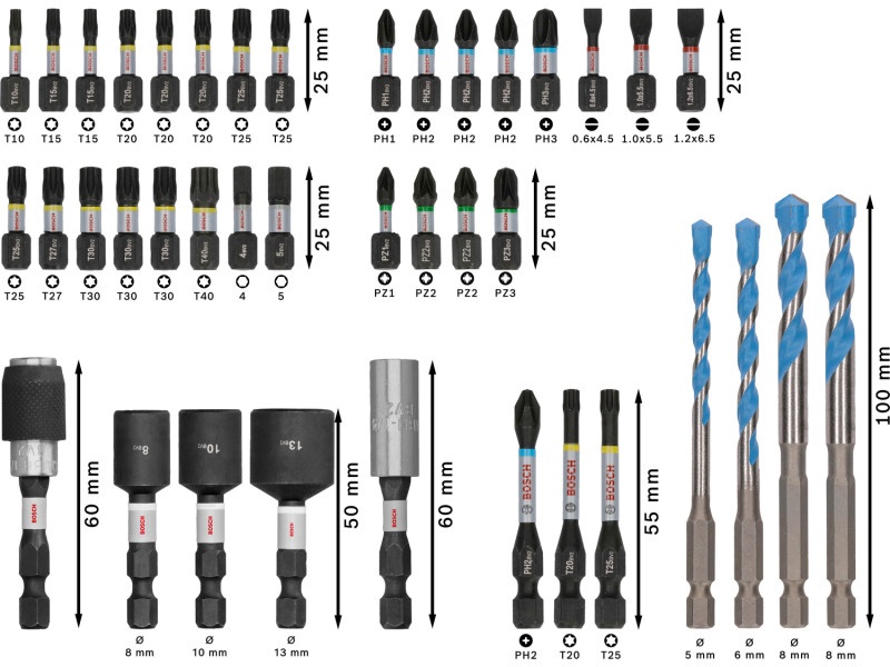 BOSCH PRO Impact bit de vârf și burghiu universal set de 40 de piese 1/4" Hex - 2 | YEO