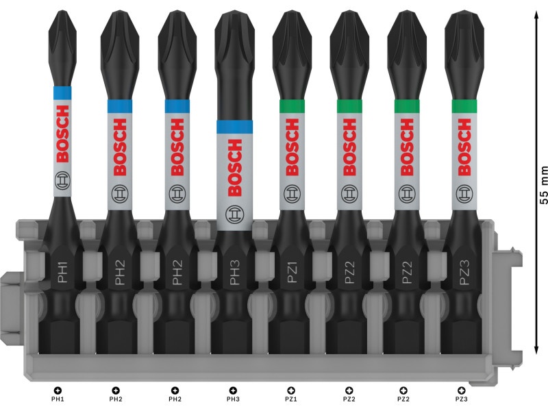 BOSCH PRO set de vârfuri de biți 8 bucăți 55 mm (PH1, PH2 x 2, PH3, PZ1, PZ2 x 2, PZ3) Pick & Click - 2 | YEO