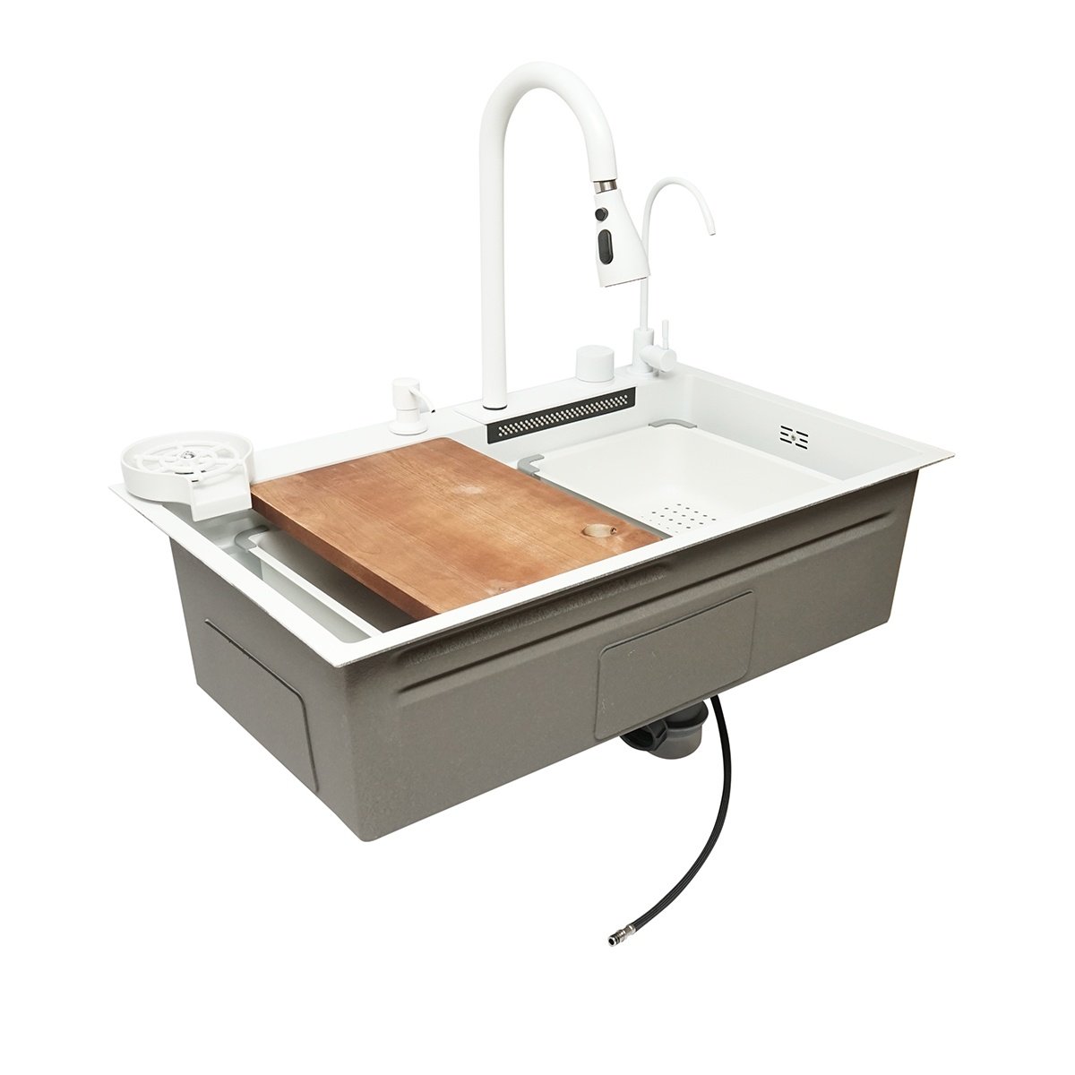 Chiuveta bucatarie otel inoxidabil cu doua baterii, functie cascada, spalator pahare, dozator sapun, scurgator, tava, tocator si accesorii scurgere incluse, dimensiune 75x46x23.5cm, Cod: DISPK13 - 2 | YEO