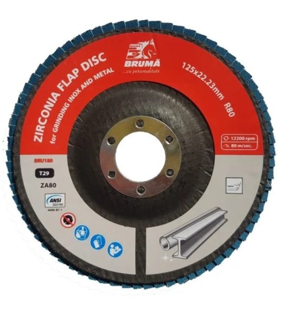 Disc lamelar abraziv cu zirconiu T29 R80, 125x22.23mm pentru slefuire/polizare metal si inox, Cod: BRU180