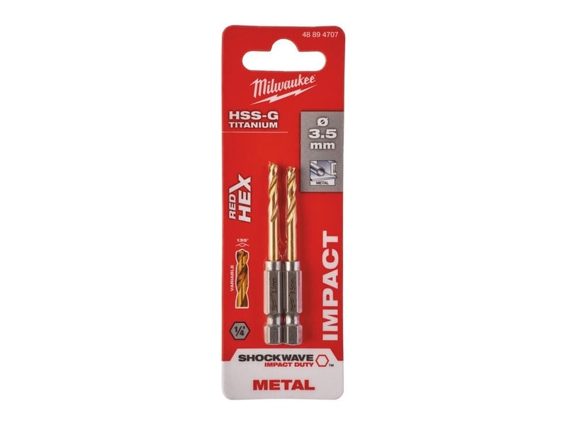 MILWAUKEE Burghie 3,5 x 69/25 mm HSS-G TiN, Red HEX - Shockwave™ (2 buc) - 1 | YEO