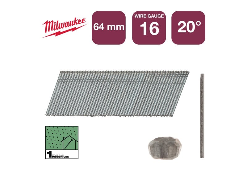 MILWAUKEE Cuie de finisare, fără cap, galvanizate 16G 20° SC1 - 1,35 x 64 mm (2000 buc) - 2 | YEO