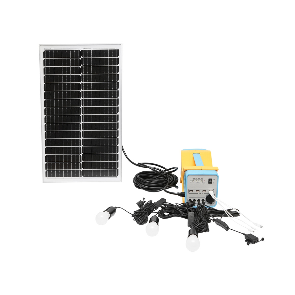 Sistem iluminat cu panou solar, baterie LifePo4 12.8V/12Ah si 3 becuri LED 3W/12V, 4 iesiri USB 5V, Cod: BK92913 Echivalență: DISEG20, Breckner Germany