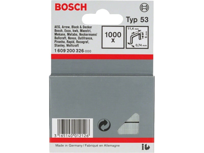 BOSCH Capse 6 x 11,4 x 0,74 mm pentru capsator HT14 (1000 bucăți)