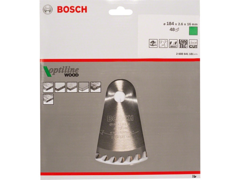 BOSCH Lamă de ferăstrău pentru lemn 184 x 16 x 2,6 mm / 48T Optiline Wood ATB - 1 | YEO