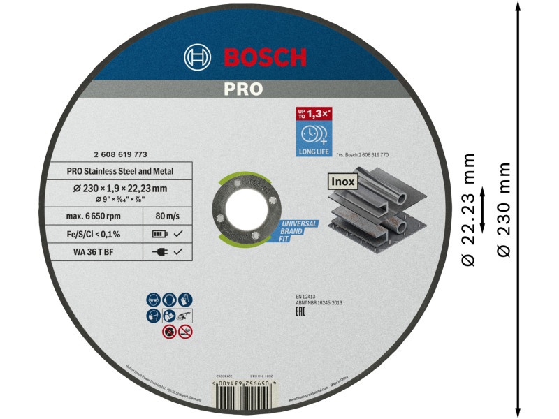 BOSCH PRO Disc de tăiere inox/metal 230 x 1,9 x 22,2 mm WA 36T BF - 1 | YEO