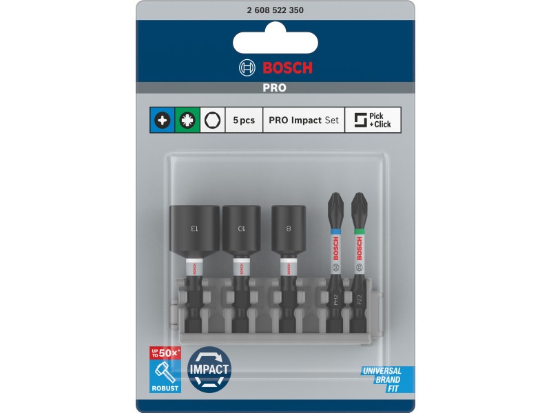 BOSCH PRO Set de vârfuri de biți și șurubelnițe 5 piese 50 mm (PH2,PZ2 / 8,10,13 mm) Pick & Click - 1 | YEO