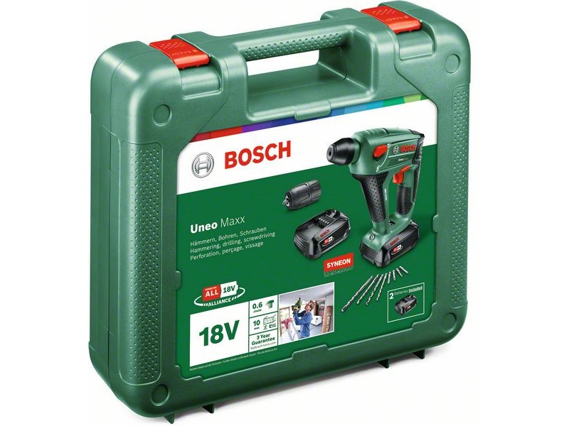 BOSCH Uneo Maxx Perforator fără fir + kit de găurire (2 baterii de 2,5 Ah) în cutie