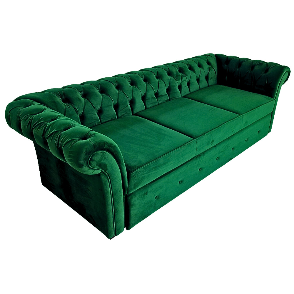 Canapea Extensibila Chesterfield, 250x100x75cm, 3 locuri, Velutto 10 Dark Green, Glasspandoor