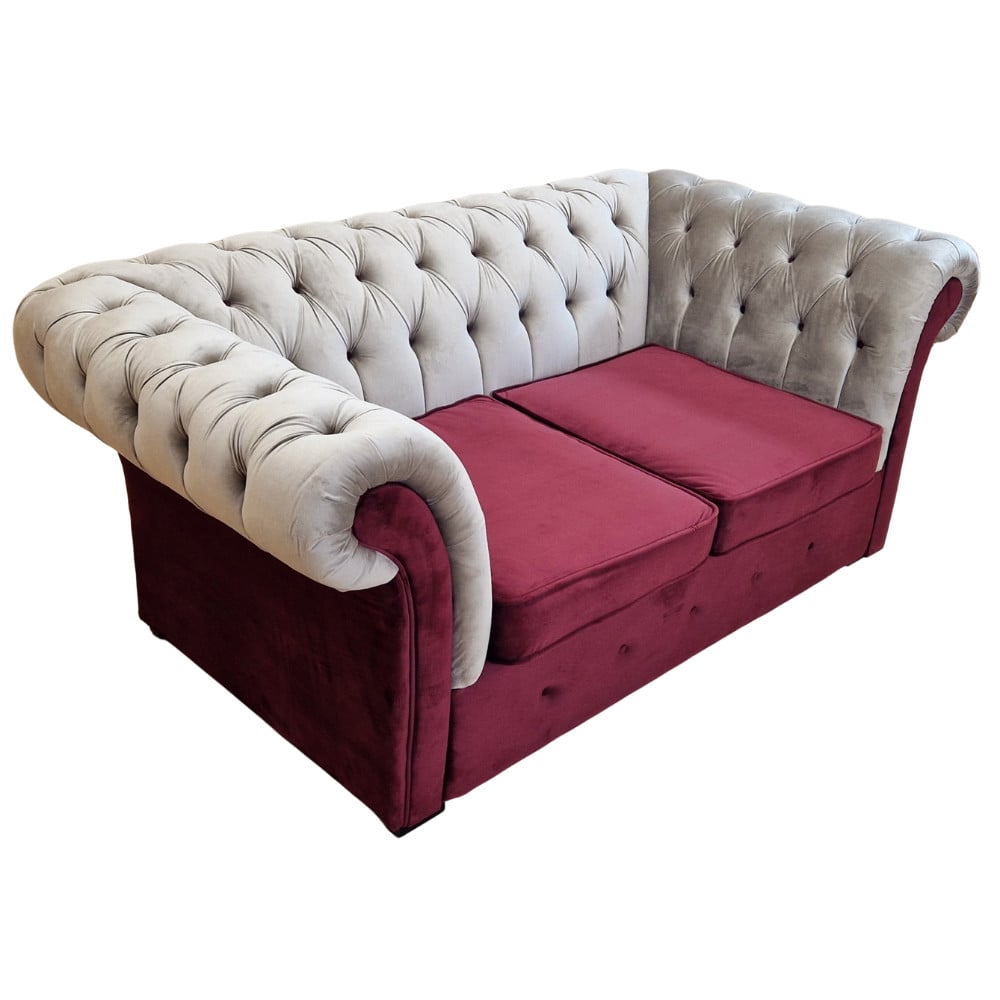 Canapea Fixa Chesterfield, 200x100x75cm, 2 locuri, Velutto 02 Beige & 07 Dark Red, Glasspandoor - 1 | YEO