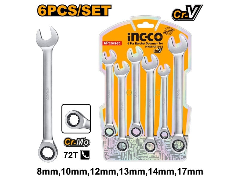 INGCO Set de chei cu clichet cu stea 6 piese 8-17 mm CrV