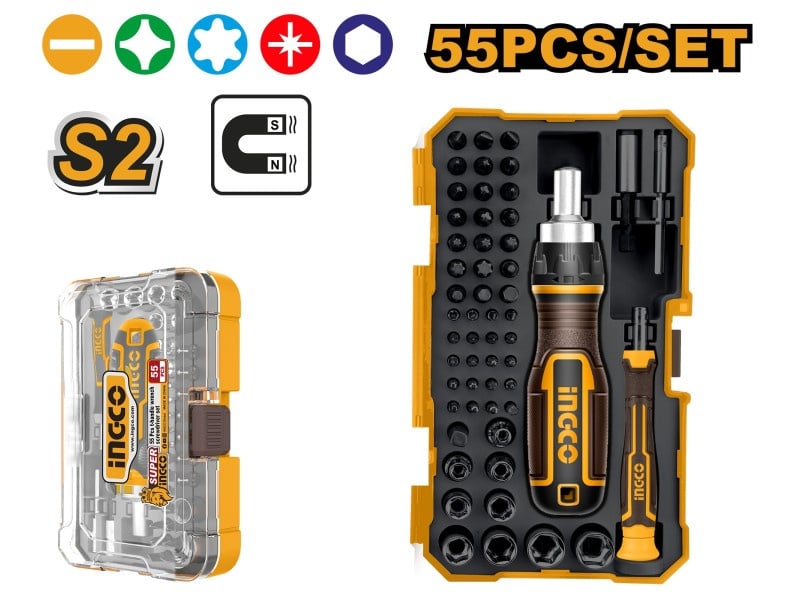 INGCO Set de șurubelnițe cu clichet și șurubelnițe de precizie 55 piese