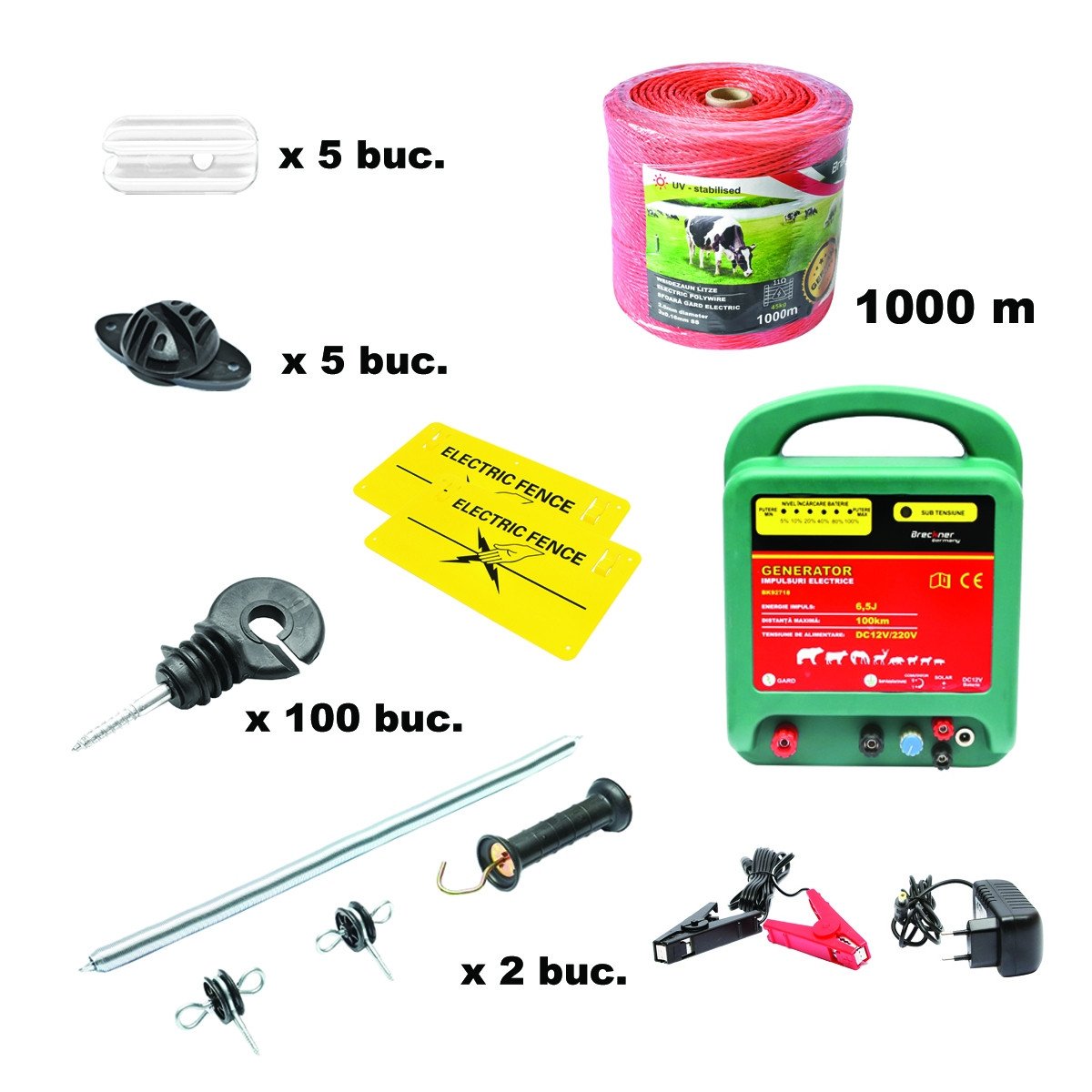 Kit complet gard electric 12/220V, 6.5 Joule, lungime fir 2x500m, 100 izolatori, maner, poarta si 2 placute avertizare, Cod: BK87107, Brand: BRECKNER GERMANY