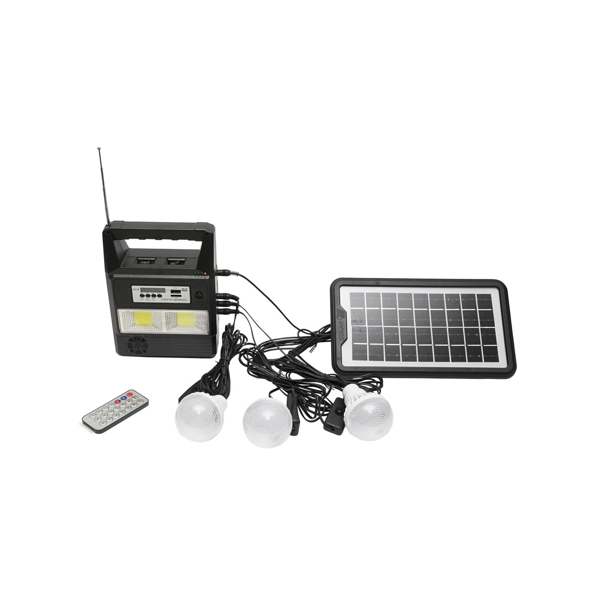 Kit iluminat portabil, LED, cu 3 becuri/proiector, radio FM, telecomanda panou solar si baterie 6V, 3 Ah, pentru pescuit, camping, GD-8216, Cod: DISLK28, Gdplus