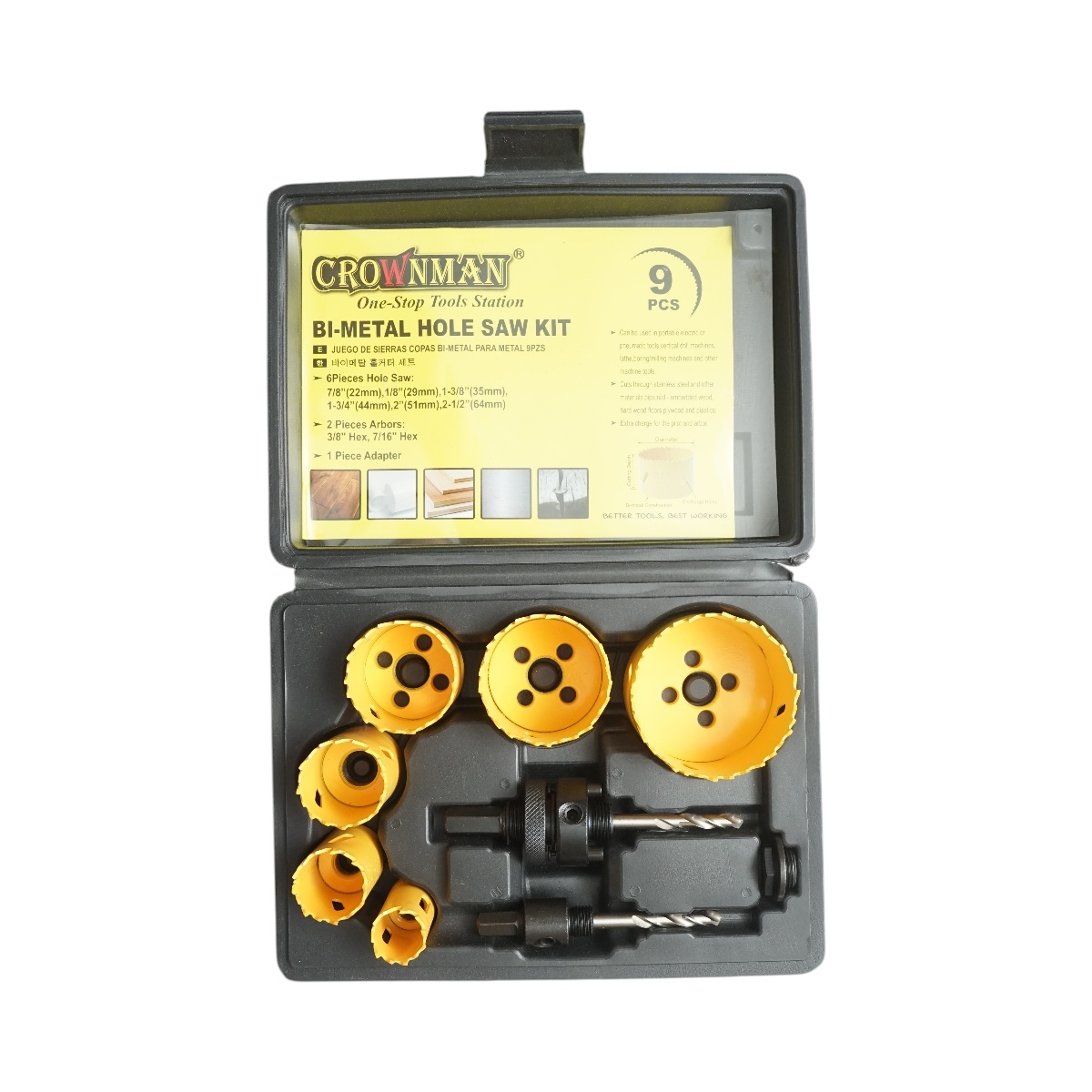 Set carote circulare Bi-Metal 22-64mm pentru lemn, rigips, PVC 9 piese , Cod: DISUG18, Crownman - 1 | YEO