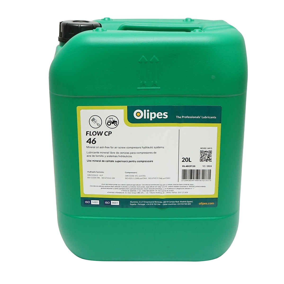 Ulei mineral Olipes FLOW CP 46 pentru compresoare, unelte pneumatice, pompe vacuum 20L, Cod: OL46CP/20, Marca: OLIPES