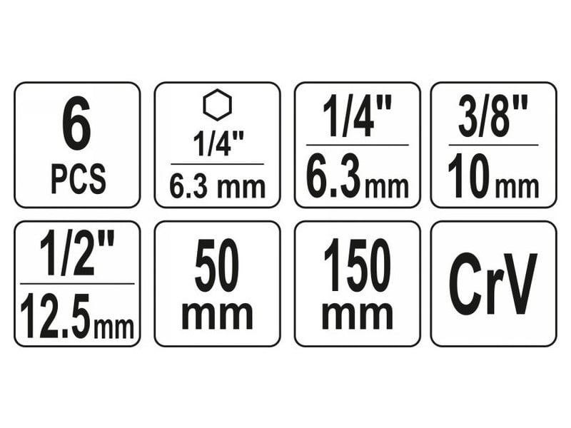 YATO set adaptor pentru mufe 6 piese 1/4" Hex -> 1/4", 3/8", 1/2" pătrat CrV - 2 | YEO