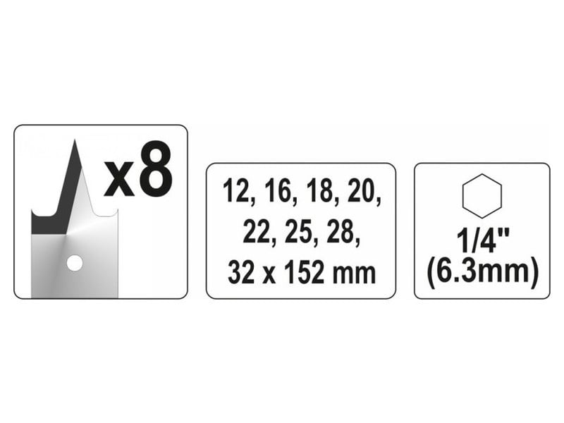 YATO Set de burghie plate pentru lemn 8 piese cu biți (12-16-18-20-22-25-28-32 mm)