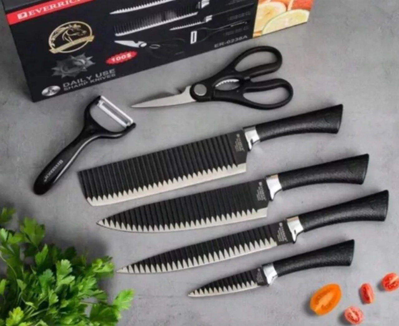 Bax 10x Set 6 Piese – 4 Cuțite de Bucătărie + Foarfecă + Curățător de Legume