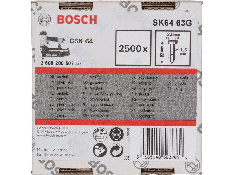 BOSCH Cuie fără cap, galvanizate 1,6 x 2,8 x 63 mm (2500 buc)