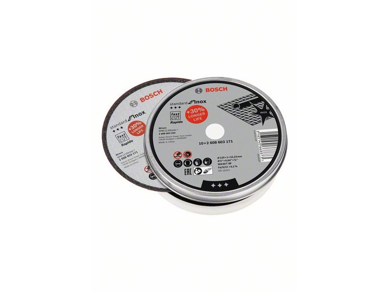 BOSCH Disc de tăiere pentru metal 125 x 1,0 x 22,2 mm inox drept WA 60 T BF Rapido în cutie metalică (10 buc)