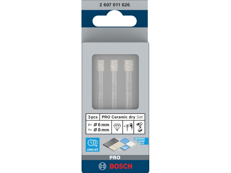 BOSCH PRO Dry set de burghie diamantate 3 piese (6 / 6 / 8 x 66 mm) cu mâner cilindric - 1 | YEO