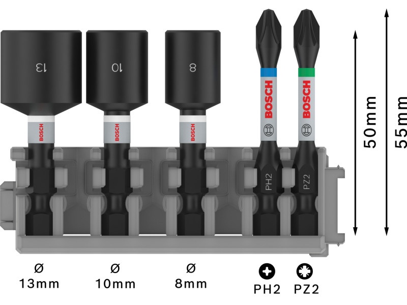 BOSCH PRO Set de vârfuri de biți și șurubelnițe 5 piese 50 mm (PH2,PZ2 / 8,10,13 mm) Pick & Click - 2 | YEO