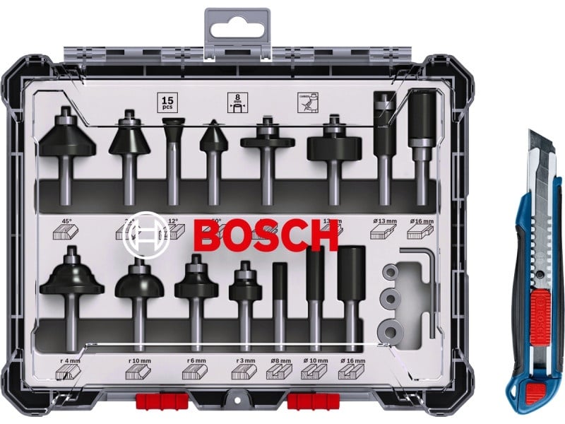 BOSCH Set de freze pentru margini și profile 30 de piese cu fălci de 8 mm + cuțit gratuit