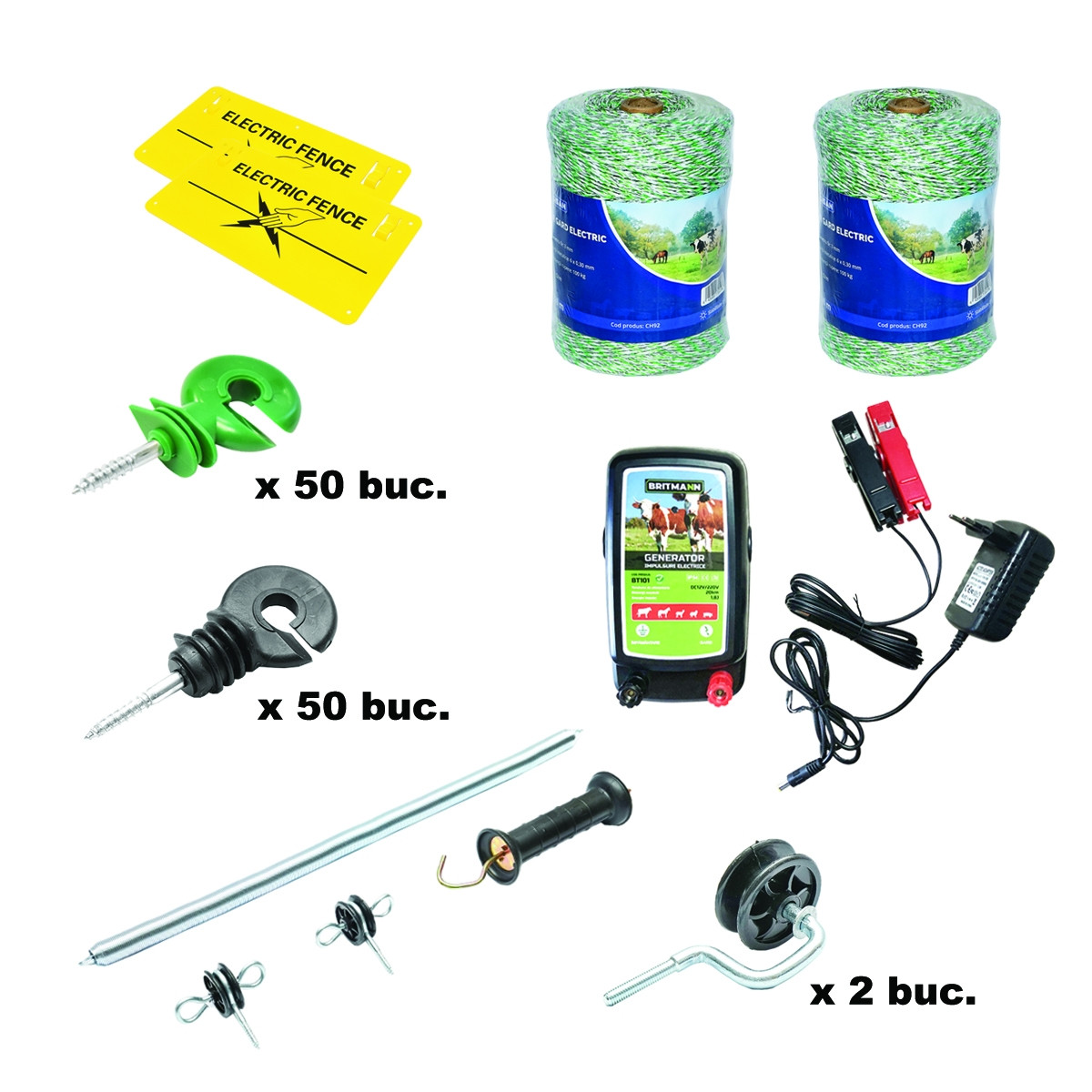 Kit complet gard electric 12/220V, 1.8 Joule, lungime fir 2x500m, 100 izolatori, maner, poarta si 2 placute avertizare, Cod: BK87108, Brand: BRECKNER GERMANY