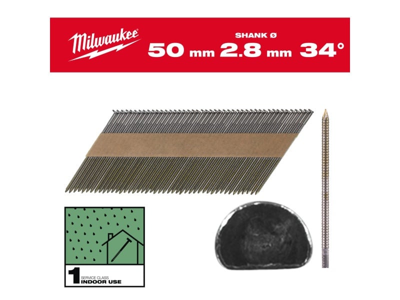 MILWAUKEE Cuie pentru construcții, cap D, lucioase, 34° SC1 - 2,8 x 50 mm (2200 buc)